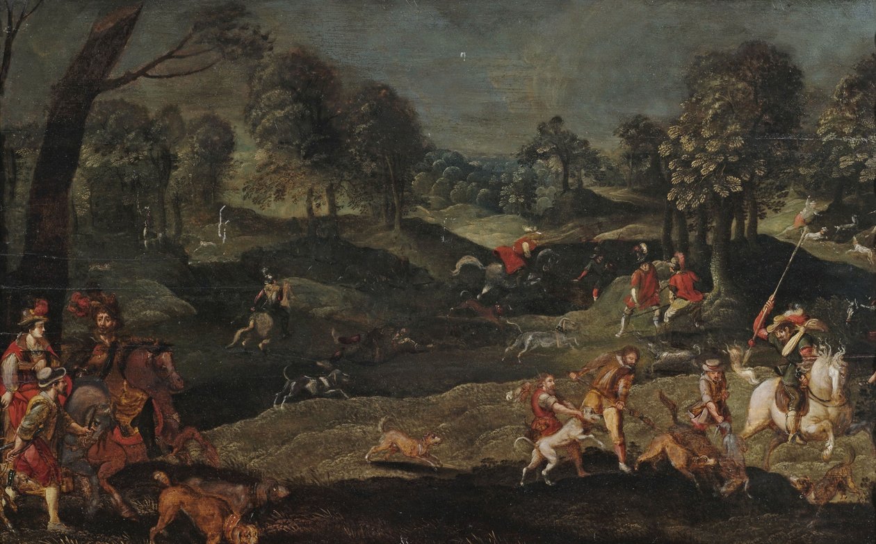 Chasse dans un paysage forestier, avec un couple royal participant - circle of Sebastian Vrancx