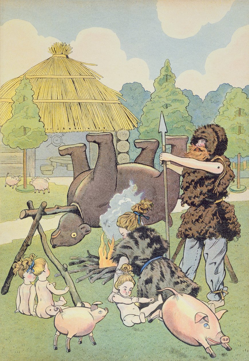 Une famille gauloise cuisinant un ours, illustration de 