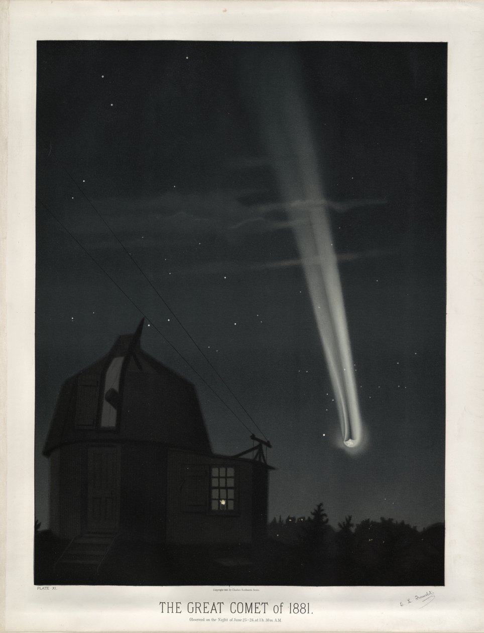 La grande comète de 1881 (Comète C/1881 K1). Observée la nuit du 25-26 juin à 1h. 30m. A.M. (Planche XI des Dessins Astronomiques de Trouvelot 1881) - Étienne Léopold Trouvelot