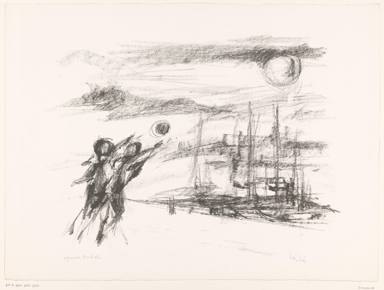 Personnes sur un quai avec des bateaux - unknown (signed by artist)