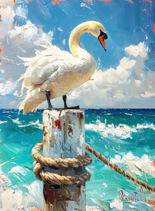 Oiseau migrateur blanc, oies au bord de la mer, couleurs bleues, idées de décoration murale Oiseau migrateur blanc, oies au bord de la mer, couleurs bleues, idées de décoration murale