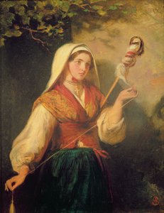Jeune femme filant de la laine