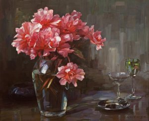 A.Koester, Fleurs dans un vase en verre