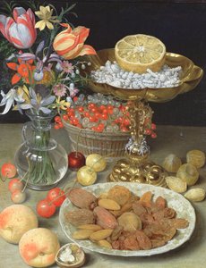 Nature morte avec fleurs et dessert