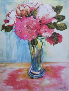 Roses roses dans un verre bleu, 2000