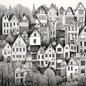 une image en noir et blanc des maisons 1