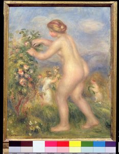 Femme nue cueillant des fleurs