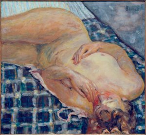 Nu couché, fond carreaux blancs et bleus