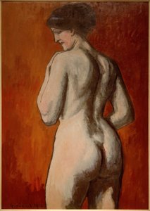 Nu féminin sur fond rouge