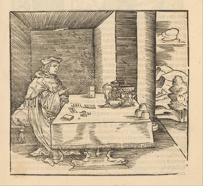 Homme avec des cartes et des dés à une table - Anonymous