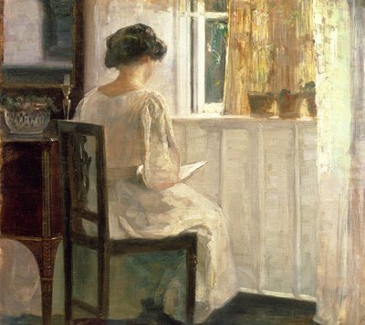 Fille lisant dans une pièce ensoleillée - Carl Holsoe