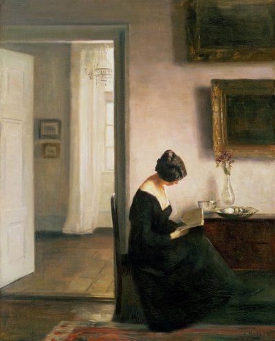 Femme lisant dans un intérieur - Carl Holsoe