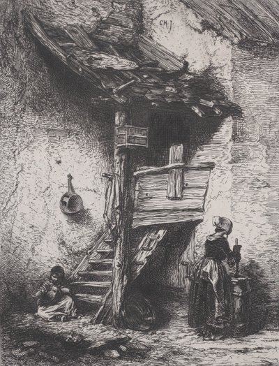 Escaliers et femme barattant, 1845 - Charles Emile Jacque