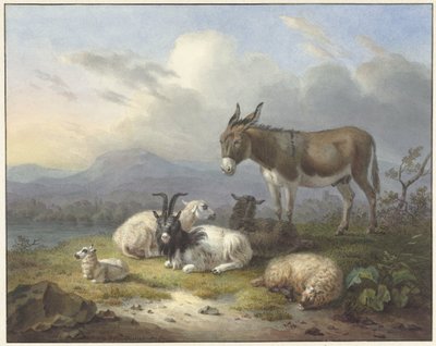 Paysage avec âne, chèvre et moutons - Dirk van Oosterhoudt