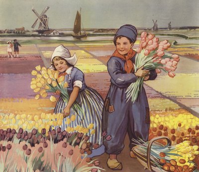 Enfants cueillant des tulipes en Hollande - English School