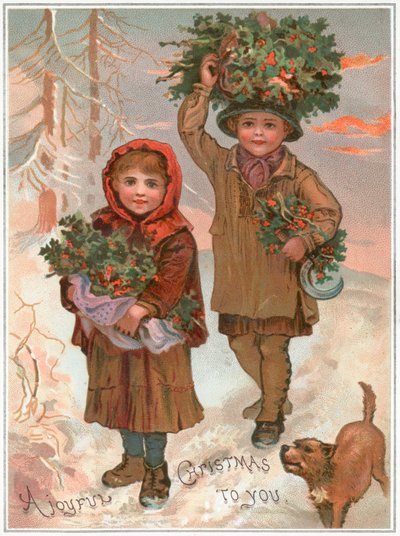 Collecte de houx dans la neige, Carte de Noël - English School