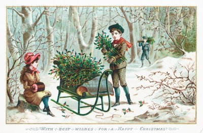 Collecte de houx dans les bois, carte de Noël - English School