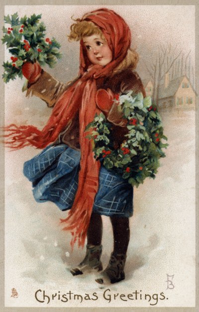 Fille vendant du houx et des couronnes de Noël - English School