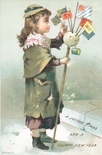 Fille saluant avec des drapeaux, carte de Noël - English School