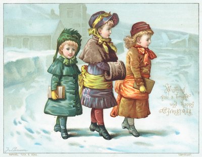 Filles marchant dans la neige, carte de Noël - English School