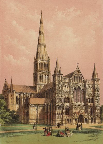 Cathédrale de Salisbury, Wiltshire (lithographie en couleur) - English School