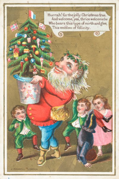 Père Noël portant un sapin, Carte de Noël - English School