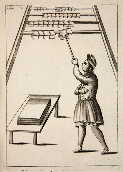 Le presseur accrochant du papier, pub. 1683 gravure - English School