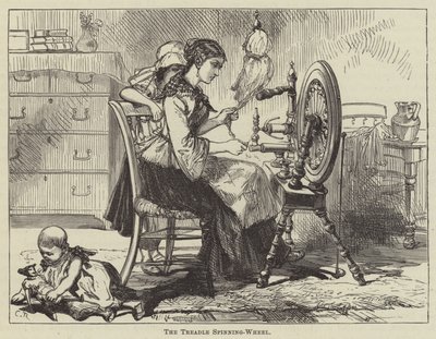 Le rouet à pédale (gravure) - English School