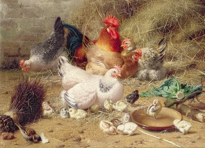 Poules perchées avec leurs poussins - Eugene Remy Maes