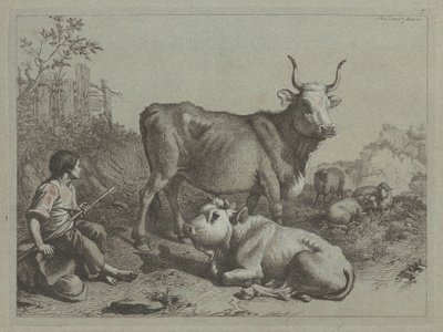 Berger assis avec un taureau et un bouvillon - Francesco Londonio