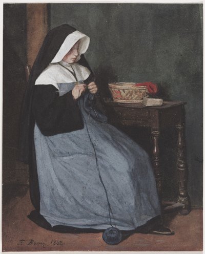 Une nonne assise à une table tricotant - François Bonvin