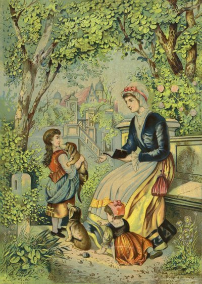 Mère jouant avec des enfants et des chiens - French School