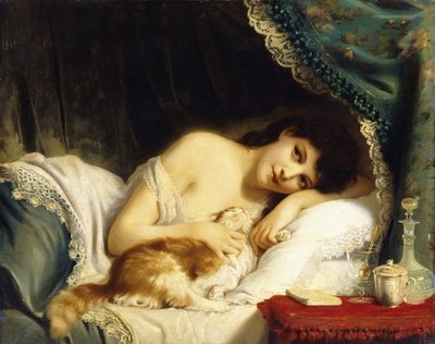 Une beauté allongée avec son chat - Fritz Zuber Buhler