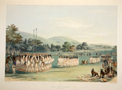 Danse des joueurs de balle, pub. 1845 lithographie en couleur - George Catlin