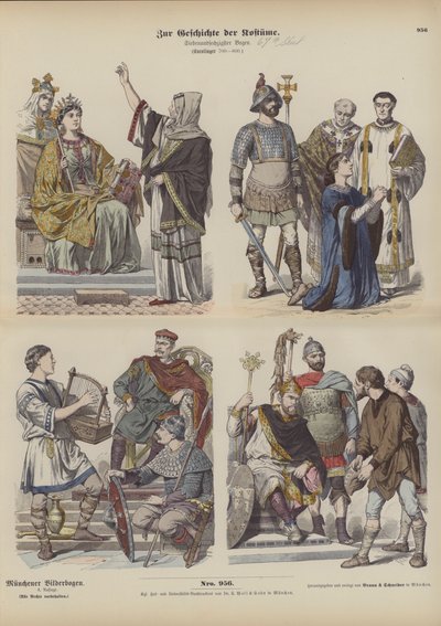 Costumes francs carolingiens, 8ème siècle (gravure en couleur) - German School