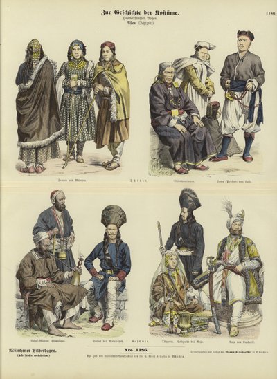 Costumes tibétains et cachemiriens, 19ème siècle - German School