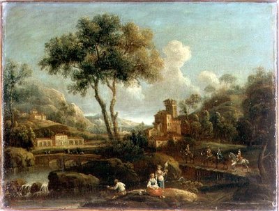 Paysage fluvial boisé avec des voyageurs - Gianbattista Cimaroli