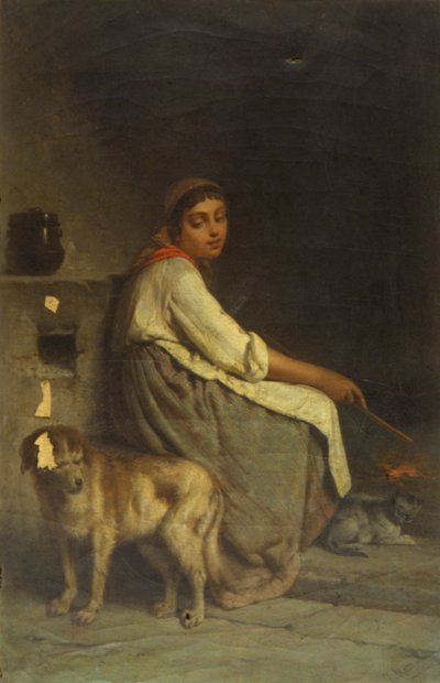 Femme avec chien et chat près de la cheminée - Giuseppe Mazza