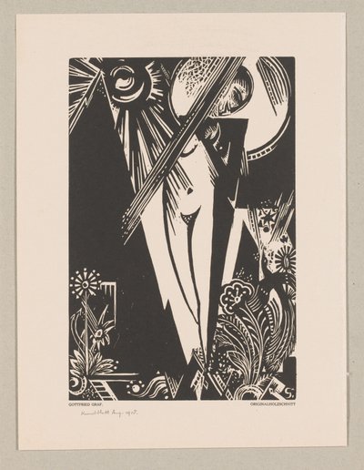 Femme debout, soleil, lune et fleurs - Gottfried Graf