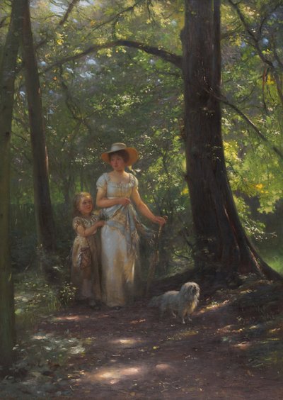 Dame avec un petit chien dans la forêt de hêtres - Johann Friedrich Engel