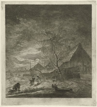 Paysage nocturne avec ferme et patineurs - Johannes Janson