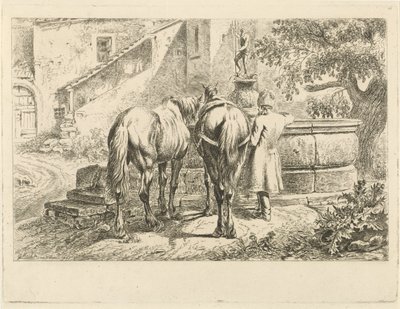 Chevaux buvant à une fontaine - Johannes Mock