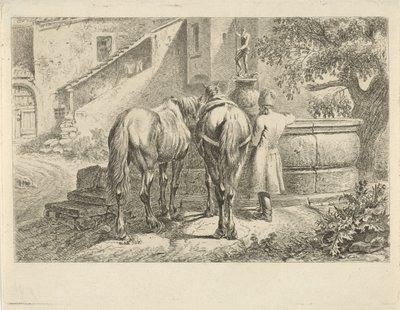 Chevaux buvant à une fontaine - Johannes Mock