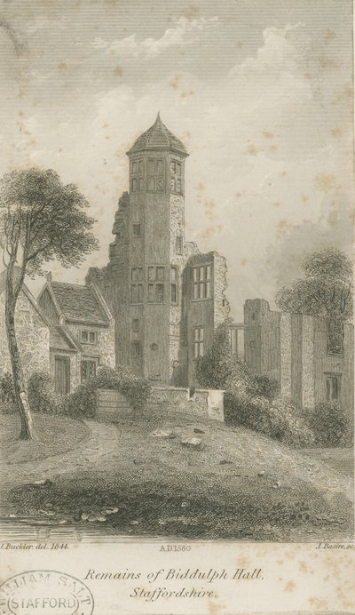 Biddulph Hall (ancien): gravure sur acier - John Buckler