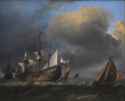 Paysage marin avec des navires de guerre néerlandais et des bateaux de pêche - Ludolf Bakhuizen