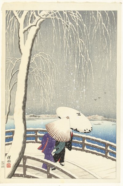 Dans la neige à Yanagibashi - Ohara Koson