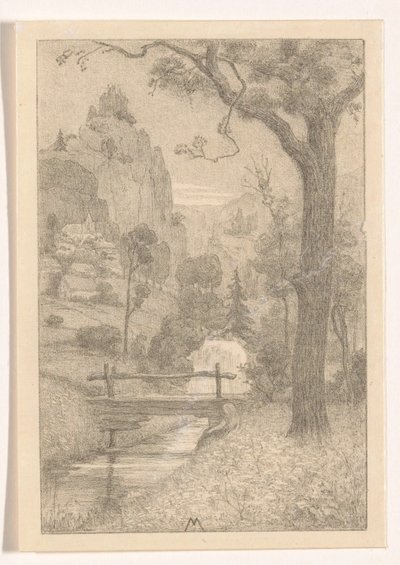 Paysage de montagne avec cascade et pont - Simon Moulijn