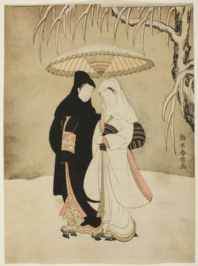 Amoureux sous un parapluie dans la neige - Suzuki Harunobu