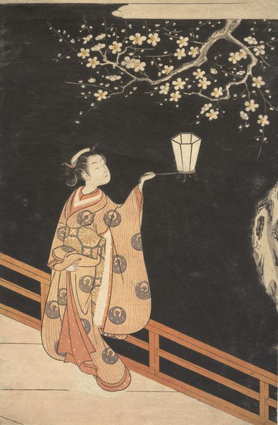 Femme admirant les fleurs de prunier la nuit - Suzuki Harunobu