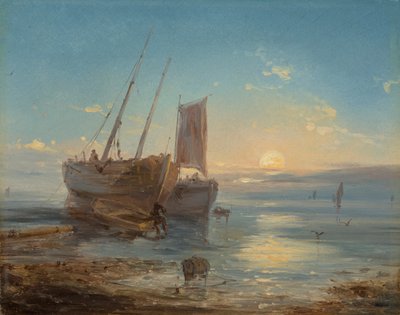 Bateaux sur la plage à marée basse - Theodore Gudin